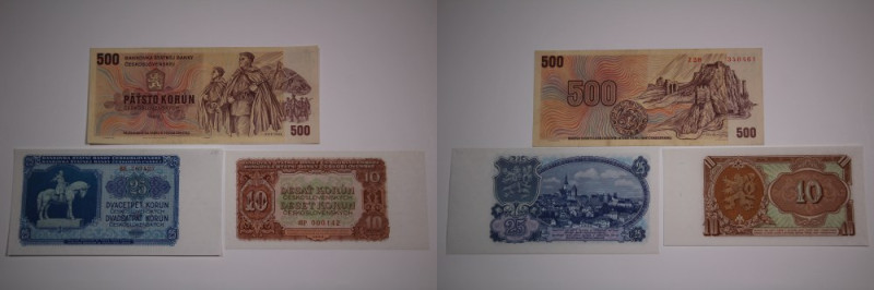 Czechoslovakia Lot of 3 Notes 1953-1973 10/25/500 Korun for Study 
Grade: XF-UN...