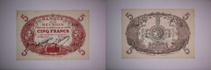 Reunion 5 Francs 1912-1944 Pick#14 #P143 075&nbsp; 
Grade: XF-UNC