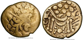 BRITAIN. Belgae. Ca. 80-50 BC. AV stater (18mm, 5.98 gm, 1h). NGC Fine 4/5 - 2/5, scratches. Chute type. Celticized, laureate head of Apollo right, he...