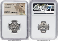 CALABRIA. Tarentum. Ca. 302-280 BC. AR didrachm (20mm, 12h). NGC XF. Philon and Ey-, magistrates. ΦIΛΩN, nude youth on horse charging left, reins in r...