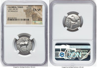 CALABRIA. Tarentum. Ca. 302-280 BC. AR didrachm (21mm, 8h). NGC Choice VF. Philiarchus, Sa-, and Aga-, magistrates. Nude youth on horse standing right...