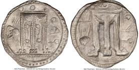 BRUTTIUM. Croton. Ca. 500-480 BC. AR stater (24mm, 11h). NGC Choice VF. ϘPO (retrograde), tripod with leonine feet on thick dotted exergual line; crab...
