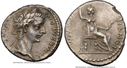 Tiberius (AD 14-37). AR denarius (18mm, 3.61 gm, 10h). NGC Choice XF 4/5 - 2/5, edge chip, brushed. Lugdunum, ca. AD 18-35. TI CAESAR DIVI-AVG F AVGVS...