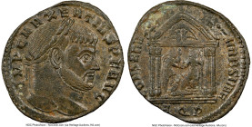 Maxentius (AD 307-312). BI reduced nummus (26mm, 6h). NGC Choice VF. Aquileia, 1st officina, late summer AD 307. IMP C MAXENTIVS P F AVG, laureate hea...