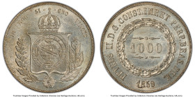 Pedro II 3-Piece Lot of Certified 1000 Reis, 1) Pedro II 1000 Reis 1859 - UNC Details (Cleaned) PCGS, KM465. Ex. Pat Johnson Collection 2) Pedro II 10...