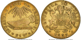 Republic gold 8 Escudos 1837 So-IJ VF Details (Obverse Scratched) NGC, Santiago mint, KM93, Fr-37. Ever popular "Hand on book of the Constitution" exa...