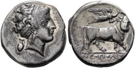 KAMPANIEN. NEAPOLIS Didrachme ø 20mm (7.31g). 300 - 275 v. Chr. Vs.: Kopf der Parthenope mit Diadem n. r., dahinter Amphore. Rs.: ΝΕΟΠΟΛΙΤ[ΩΝ], mensch...