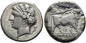 KAMPANIEN. NEAPOLIS Didrachme ø 20mm (7.00g). 275 - 250 v. Chr. Vs.: Kopf der Parthenope mit Diadem n. l., dahinter Füllhorn. Rs.: ΝΕΟΠΟΛΙΤΩ[Ν], mensc...