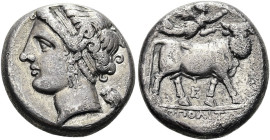 KAMPANIEN. NEAPOLIS Didrachme ø 20mm (7.10g). 275 - 250 v. Chr. Vs.: Kopf der Parthenope mit Diadem n. l., dahinter Eule. Rs.: [Ν]ΕΟΠΟΛΙΤΩ[Ν], mensche...