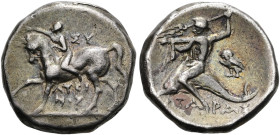 KALABRIEN. TARENT Didrachme ø 20mm (6.41g). 272 - 235 v. Chr. Magistrate Sy(...) und Lykinos. Vs.: Nackter Ephebe im Trab n. l. reitend u. den Kopf de...