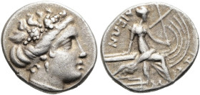 EUBÖA. HISTIAIA Tetrobol ø 15mm (2.26g). 338 - 304 v. Chr. Vs.: Kopf der Nymphe Histiaia bekränzt mit Weinlaub n. r. Rs.: ΙΣΤΙ-ΑΙΕΩΝ, Nymphe mit Styli...