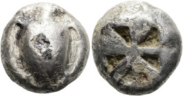 ÄGINA. Stater ø 18mm (12.00g). 525 - 475 v. Chr. Vs.: Seeschildkröte. Rs.: Windmühlenförmiges Quadratum incusum. Meadows Group II; HGC 6, 429. Vs. Pun...