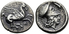 KORINTH. Stater ø 21mm (8.19g). 405 - 345 v. Chr. Vs.: Pegasos n. r. fliegend, darunter Koppa. Rs.: Kopf der Athena mit korinthischem Helm n. r., r. o...