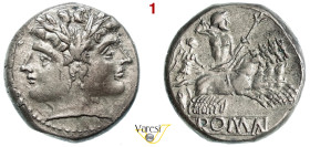 ROMANO-CAMPANE (225-212 a.C.) Didramma o Quadrigato. B. 9 Syd. 65 Cr. 28/3 A.V. 9 g 6,63 mm 18 Ag D/ Testa di Giano R/ Giove su quadriga; sotto ROMA i...