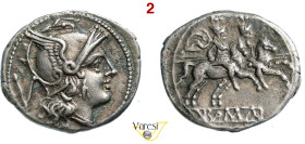 ANONIME (dopo il 211 a.C.) Quinario. B. 3 Syd. 141 e 169 Cr. 44/6 A.V. 22 g 1,92 mm 16,1 Ag D/ Testa elmata di Roma R/ I Dioscuri a cavallo. • Ex Grig...
