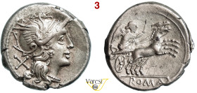 ANONIME (157-156 a.C.) Denario. B. 6 Syd. 376, 431 e 439 Cr. 197/1 A.V. 26 3,76 g 18,2 mm Ag D/ Testa di Roma R/ La Vittoria su biga. • No shipping ou...