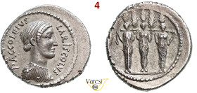 ACCOLEIA - P. Accoleius Lariscolus (43 a.C.) Denario. B. 1 Syd. 1148 Cr. 486/1 A.V. 47 3,82 g 19,4 mm Ag D/ Busto di Acca Larentia R/ Le statue delle ...