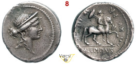 AEMILIA - M. Aemilius Lepidus (61 a.C.) Denario. B. 22 Syd. 829 Cr. 419/1a A.V. 67 Ag 3,77 g 19,3 mm Rara D/ Testa femminile R/ La statua equestre di ...