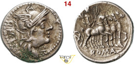 CAECILIA - Q. Caecilius Metellus (130 a.C.) Denario. B. 21 Syd. 509 Cr. 256/1 A.V. 118 3,97 g 19,6 mm Ag D/ Testa di Roma R/ Giove su quadriga. • Esem...