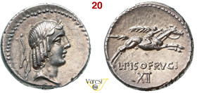 CALPURNIA - L. Calpurnius Piso Frugi (90 a.C.) Denario. B. 11 Syd. 663/671 Cr. 340/1 A.V. 144 3,88 g 18 mm Ag D/ Testa laureata di Apollo; dietro un a...