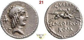 CALPURNIA - L. Calpurnius Piso Frugi (90 a.C.) Denario. B. 12 Syd. 656 Cr. 340/1 A.V. 145 3,94 g 17,5 mm Ag D/ Testa laureata di Apollo; dietro un'ape...