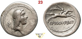 CALPURNIA - C. Calpurnius Piso L.f. Frugi (67 a.C.) Denario. B. 24 Syd. 840/868 Cr. 408 A.V. 156 3,51 g 18,7 mm Ag D/ Testa di Apollo R/ Cavaliere al ...