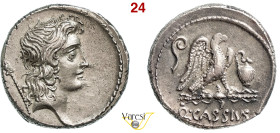 CASSIA - Q. Cassius Longinus (55 a.C.) Denario. B. 7 Syd. 916 Cr. 428/3 A.V. 178 4,04 g 17,8 mm Ag D/ Testa del Bonus Eventus R/ Aquila su folgore tra...