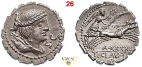 CLAUDIA - Ti. Claudius Ti.f. Ap.n. Nero (79 a.C.) Denario. B. 5/6 Syd. 770 Cr. 383/1 A.V. 185 3,87 g 19,3 mm Ag D/ Busto di Diana con arco e faretra R...