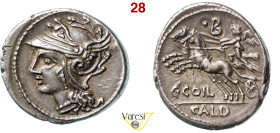 COELIA - C. Coilius Caldus (104 a.C.) Denario. B. 2 Syd. 582 Cr. 318/1a A.V. 192 3,92 g 19,8 mm Ag D/ Testa elmata di Roma a s. R/ La Vittoria su biga...
