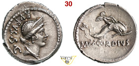 CORDIA - Mn. Cordius Rufus (46 a.C.) Denario. B. 3 Syd. 977 Cr. 463/3 A.V. 214 3,88 g 18,4 mm Ag D/ Testa di Venere Verticordia R/ Cupido su delfino. ...