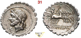 CORNELIA - L. Cornelius Scipio Asiagenus (106 a.C.) Denario. B. 24 Syd. 576 Cr. 311/1 A.V. 227 3,80 g 20,8 mm Ag D/ Testa di Giove; davanti X R/ Giove...