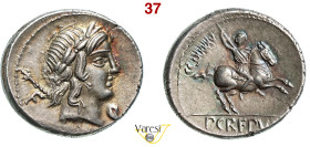 CREPUSIA - Pub. Crepusius (82 a.C.) Denario. B. 1 Syd. 738 Cr. 361/1 A.V. 256 3,65 g 18 mm Ag D/ Testa di Apollo e dietro uno scettro R/ Cavaliere con...