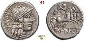 FANNIA - M. Fannius C.f. (123 a.C.) Denario. B. 1 Syd. 419 Cr. 275/1 A.V. 282 3,86 g 17,4 mm Ag D/ Testa elmata di Roma R/ La Vittoria con corona su q...