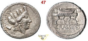 FURIA - P. Furius Crassipes (84 a.C.) Denario. B. 19 Syd. 753 Cr. 356/1c-1d A.V. 302 3,88 g 21,3 mm Ag D/ Testa turrita di Cibele e dietro un piede R/...