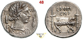 FURIA - L. Furius Cn. f. Brocchus (63 a.C.) Denario. B. 23 Syd. 902 Cr. 414/1 A.V. 304 4,02 g 17,1 mm Ag D/ Testa di Cerere tra spiga e grano d'orzo R...