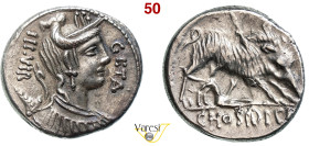 HOSIDIA - C. Hosidius C.f. Geta (68 a.C.) Denario. B. 1 Syd. 903 Cr. 407/2 A.V. 310 3,67 g 16,6 mm Ag D/ Busto diademato di Diana con arco e faretra R...