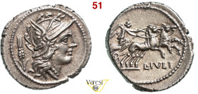 JULIA - L. Julius Caesar (101 a.C.) Denario. B. 3 Syd. 585 Cr. 323/1 A.V. 320 3,86 g 20,1 mm Ag D/ Testa elmata di Roma e dietro una spiga R/ La Vitto...