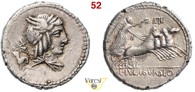 JULIA - L. Julius Bursio (85 a.C.) Denario. B. 5 Syd. 728 Cr. 352/1 A.V. 322 3,99 g 19,7 mm Ag D/ Testa di Apollo Vejovis; dietro un tridente ed un ca...