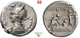 LICINIA - P. Licinius Nerva (113-112 a.C.) Denario. B. 7 Syd. 548 Cr. 292/1 A.V. 342 3,94 g 16,9 mm Ag D/ Busto elmato di Roma con lancia e scudo R/ T...