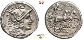 MAIANIA - C. Maianius (153 a.C.) Denario. B. 1 Syd. 427 Cr. 203/1a A.V. 371 3,50 g 18,2 mm Ag D/ Testa elmata di Roma R/ La Vittoria con frusta su big...