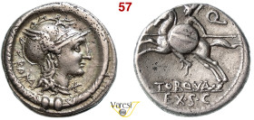MANLIA - L. Manlius Torquatus (113-112 a.C.) Denario. B. 2 Syd. 545 Cr. 295/1 A.V. 376 3,85 g 17,9 mm Ag D/ Testa elmata di Roma entro torques (o coll...