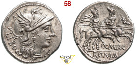MARCIA - Q. Marcius Libo (148 a.C.) Denario. B. 1 Syd. 396 Cr. 215/1 A.V. 383 3,42 g 18,1 mm Ag D/ Testa elmata di Roma R/ I Dioscuri a cavallo. • Ex ...
