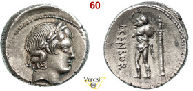 MARCIA - L. Marcius Censorinus (82 a.C.) Denario. B. 24 Syd. 737 Cr. 363/1 A.V. 390 3,70 g 18,1 mm Ag D/ Testa laureata di Apollo R/ Il Satiro Marsia ...