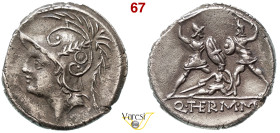 MINUCIA - Q. Minucius Thermus M.f. (103 a.C.) Denario. B. 19 Syd. 592 Cr. 319/1 A.V. 419 3,79 g 18,5 mm Ag D/ Testa elmata di Marte R/ Due guerrieri c...