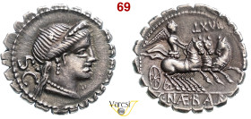 NAEVIA - C. Naevius Balbus (79 a.C.) Denario. B. 6 Syd. 769 Cr. 382/1 A.V. 427 4,20 g 18,1 mm Ag D/ Testa di Venere R/ La Vittoria su triga; sopra num...