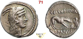 PAPIA - L. Papius Celsus (45 a.C.) Denario. B. 2 Syd. 964 Cr. 472/1 A.V. 439 3,74 g 17,2 mm Ag Non comune D/ Testa di Giunone Sospita R/ Una lupa ed u...