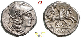PINARIA - Pinarius Natta (155 a.C.) Denario. B. 2 Syd. 382 Cr. 200/1 A.V. 454 3,93 g 17,3 mm Ag D/ Testa elmata di Roma R/ La Vittoria con frusta su b...