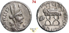 PLAETORIA - M. Plaetorius M.f. Cestianus (67 a.C.) Denario. B. 3 Syd. 808 Cr. 409/2 A.V. 456 3,86 g 17,5 mm Ag D/ Busto turrito di Cibele R/ Sedia cur...