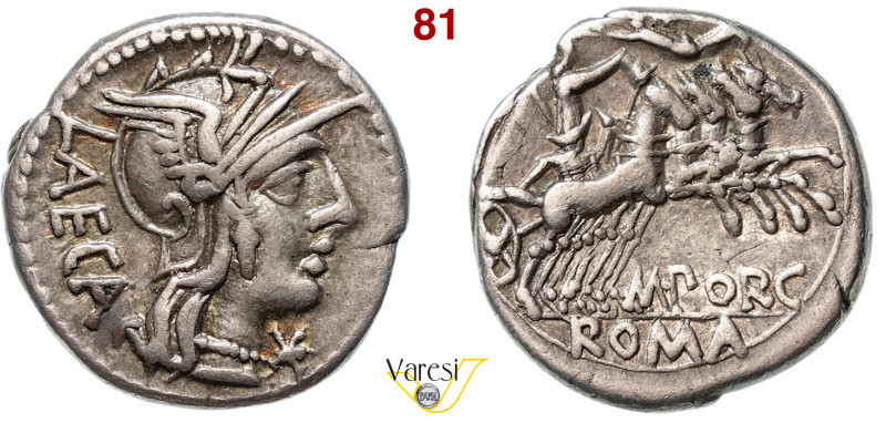 PORCIA - M. Porcius Laeca (125 a.C.) Denario. B. 3 Syd. 513 Cr. 270/1 A.V. 508 3...