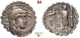 POSTUMIA - A. Postumius A.f. Sp.n. Albinus (81 a.C.) Denario. B. 8 Syd. 746 Cr. 372/2 A.V. 524 3,97 g 19,6 mm Ag D/ Testa della Spagna R/ Figura togat...